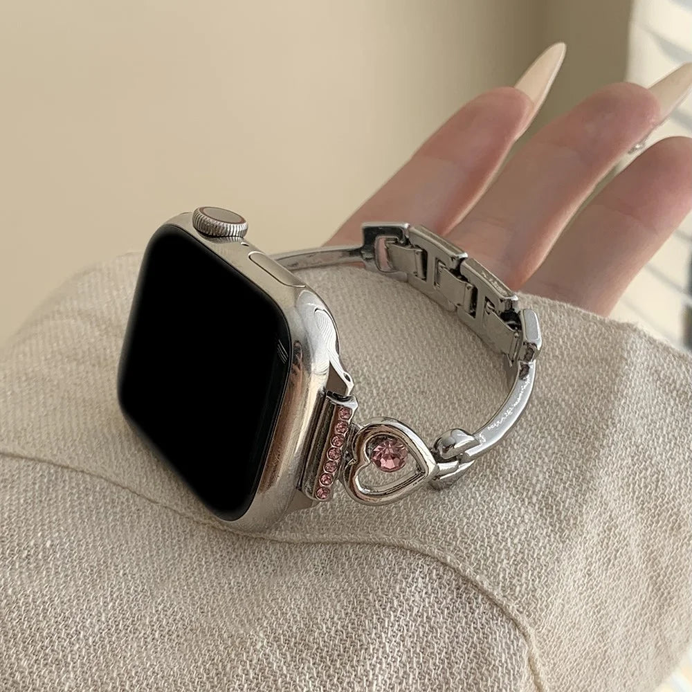 Bracelet Strap for Apple Watch Ultra 3 2 1 49mm / Series 11 10 46mm / 9 8 7 45mm / SE3 SE2 SE 6 5 4 44mm / 3 2 1 42mm 42mm Love Heart Rhinestone Metal Watch Band - Pink Rhinestone - 3