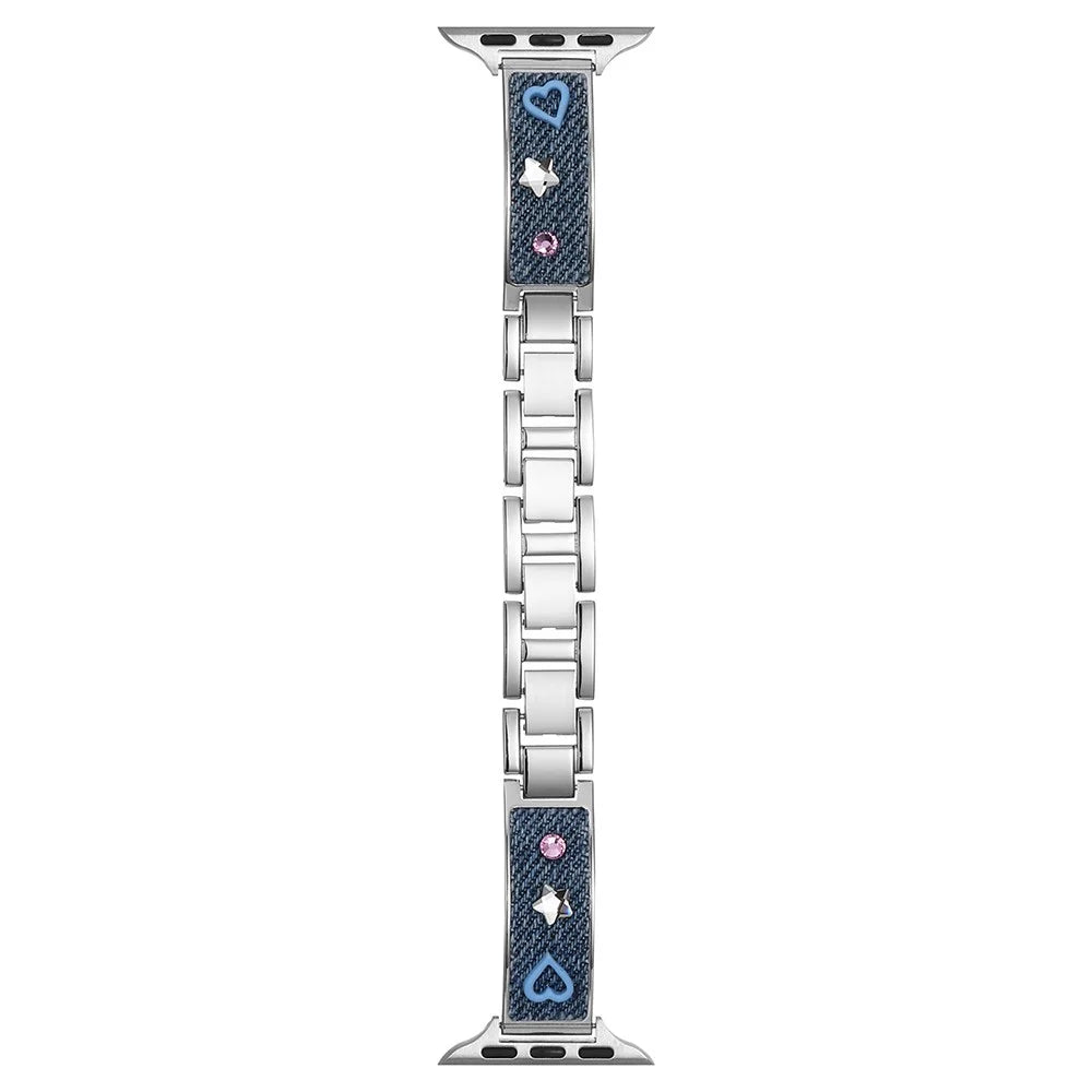 Denim Metal Strap for Apple Watch Series 11 10 42mm / 9 8 7 41mm / SE3 SE2 SE 6 5 4 40mm / 3 2 1 38mm Dopamine Rhinestone Watch Band - Blue - 1