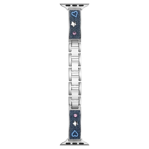 Denim Metal Strap for Apple Watch Series 11 10 42mm / 9 8 7 41mm / SE3 SE2 SE 6 5 4 40mm / 3 2 1 38mm Dopamine Rhinestone Watch Band - Blue - 1