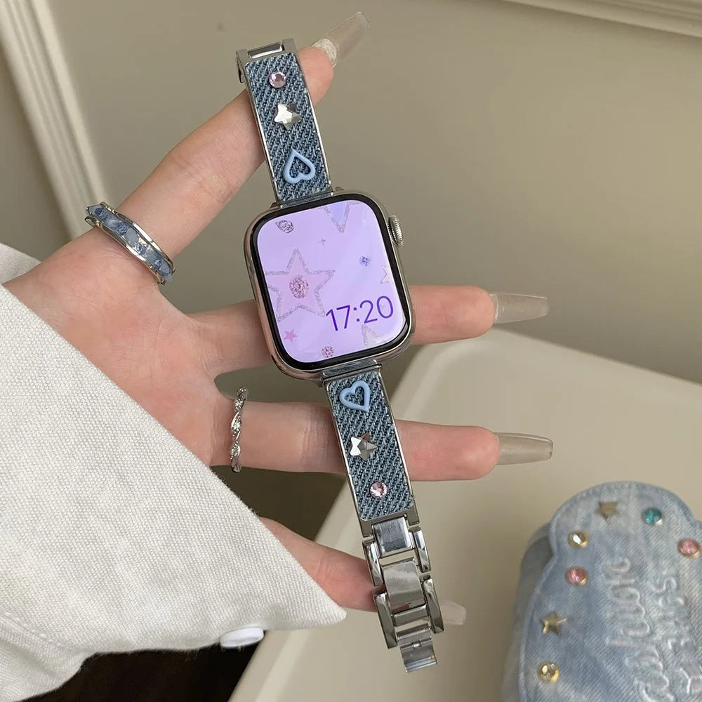 Denim Metal Strap for Apple Watch Series 11 10 42mm / 9 8 7 41mm / SE3 SE2 SE 6 5 4 40mm / 3 2 1 38mm Dopamine Rhinestone Watch Band - Blue - 2