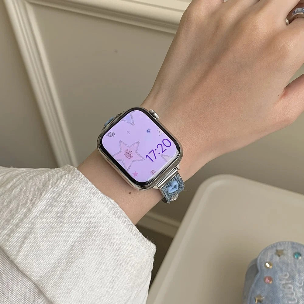 Denim Metal Strap for Apple Watch Series 11 10 42mm / 9 8 7 41mm / SE3 SE2 SE 6 5 4 40mm / 3 2 1 38mm Dopamine Rhinestone Watch Band - Blue - 3