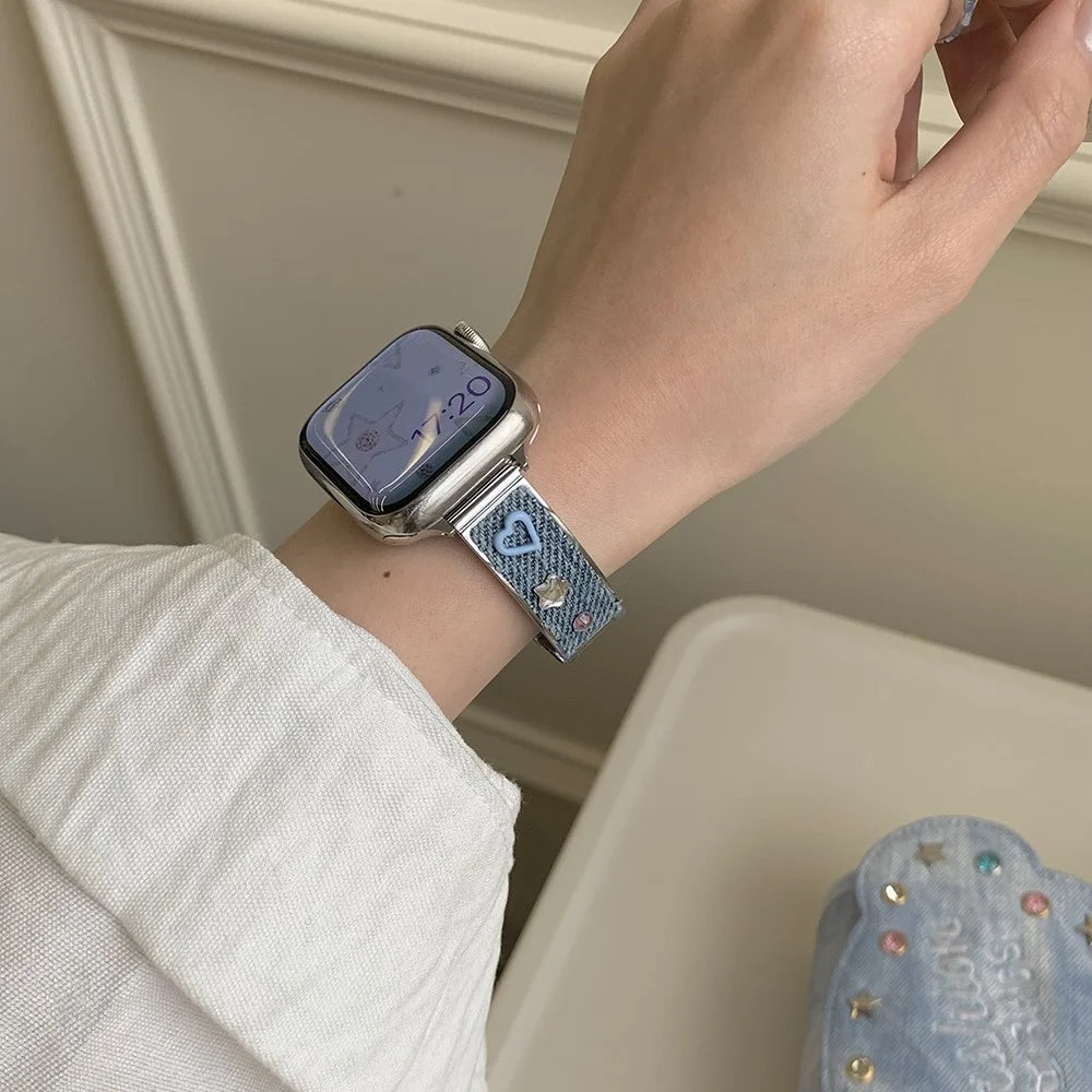 Denim Metal Strap for Apple Watch Series 11 10 42mm / 9 8 7 41mm / SE3 SE2 SE 6 5 4 40mm / 3 2 1 38mm Dopamine Rhinestone Watch Band - Blue - 4