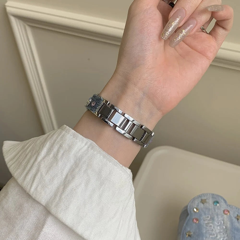 Denim Metal Strap for Apple Watch Series 11 10 42mm / 9 8 7 41mm / SE3 SE2 SE 6 5 4 40mm / 3 2 1 38mm Dopamine Rhinestone Watch Band - Blue - 6