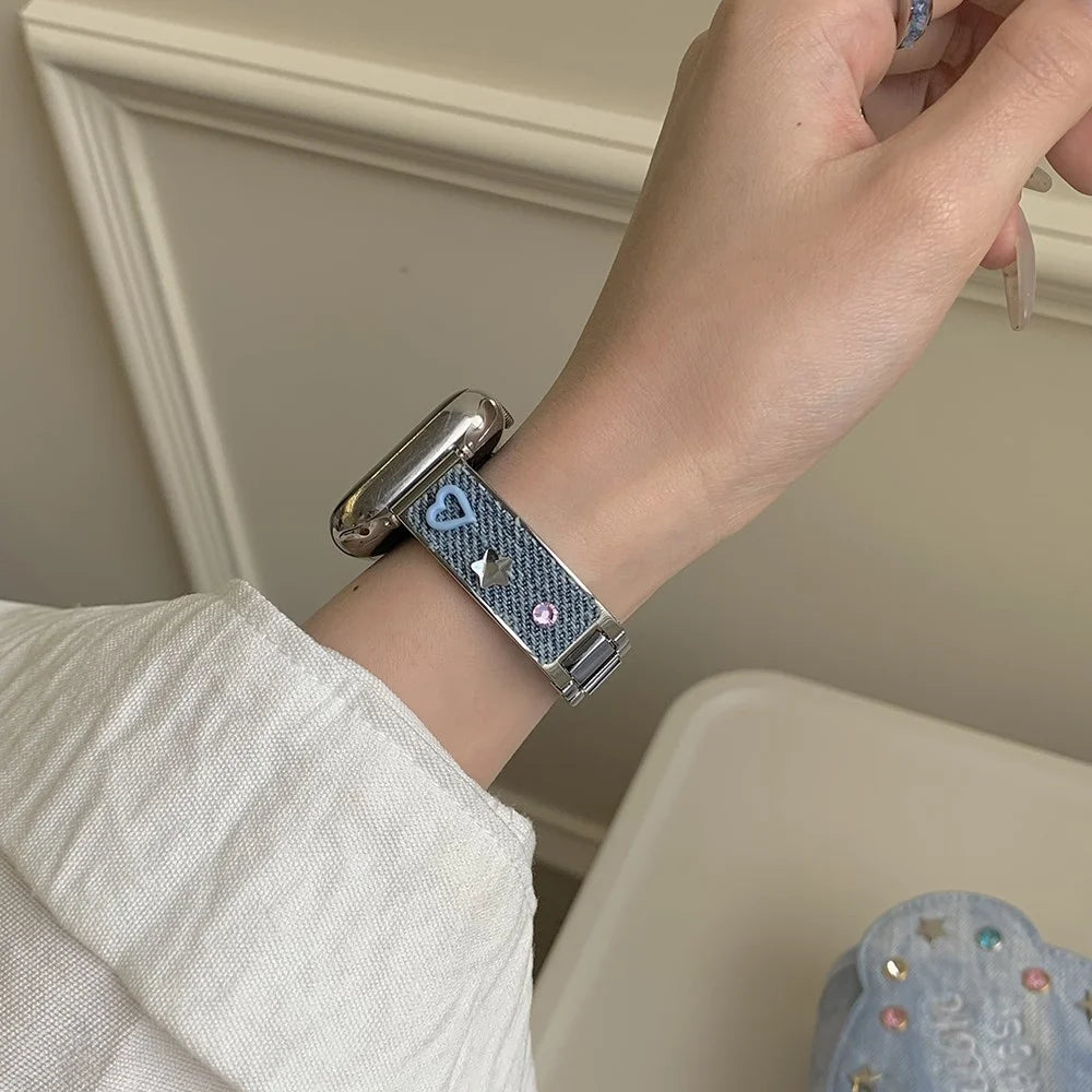 Denim Metal Strap for Apple Watch Ultra 3 2 1 49mm / Series 11 10 46mm / 9 8 7 45mm / SE3 SE2 SE 6 5 4 44mm / 3 2 1 42mm 42mm Dopamine Rhinestone Watch Band - Blue - 5