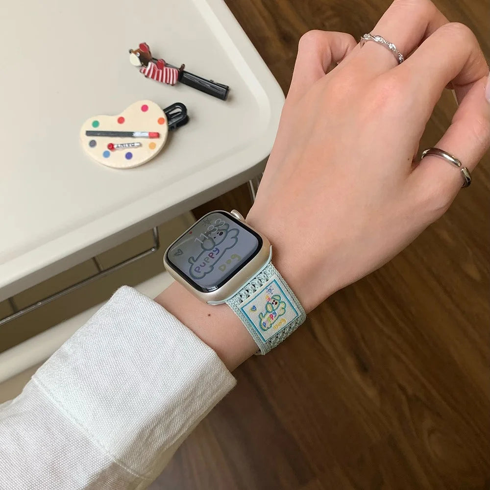 Wrist Strap for Apple Watch Ultra 3 2 1 49mm / Series 11 10 46mm / 9 8 7 45mm / SE3 SE2 SE 6 5 4 44mm / 3 2 1 42mm 42mm Dachshund Breathable Nylon Watch Band - Mint Green - 5