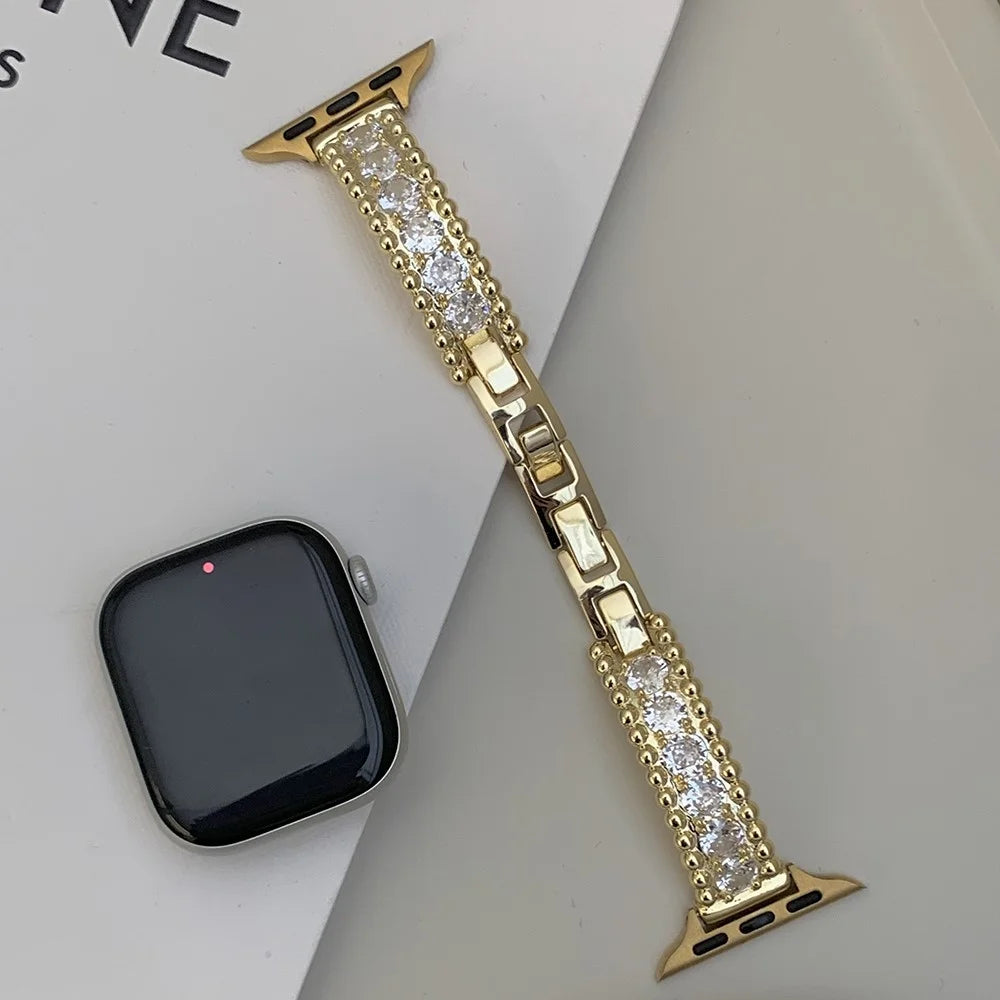 Bracelet Strap for Apple Watch Series 11 10 42mm / 9 8 7 41mm / SE3 SE2 SE 6 5 4 40mm / 3 2 1 38mm Beads Zircon Copper Watch Band - Gold - 2