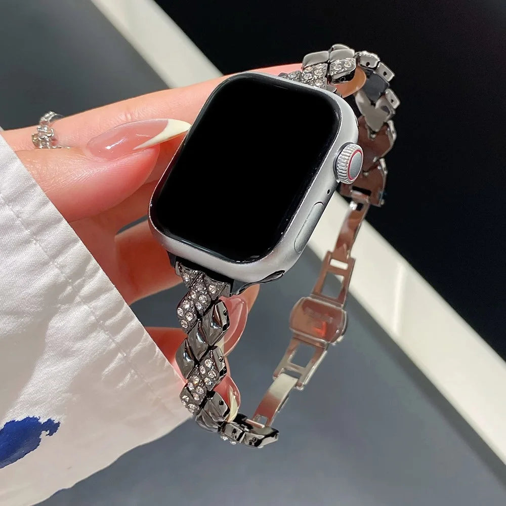 Metal Strap for Apple Watch Series 11 10 42mm / 9 8 7 41mm / SE3 SE2 SE 6 5 4 40mm / 3 2 1 38mm Rhinestone Decor Rhombus Watch Band - Black - 2