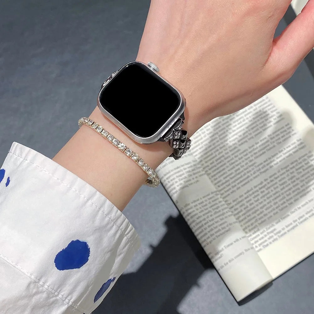 Metal Strap for Apple Watch Series 11 10 42mm / 9 8 7 41mm / SE3 SE2 SE 6 5 4 40mm / 3 2 1 38mm Rhinestone Decor Rhombus Watch Band - Black - 4