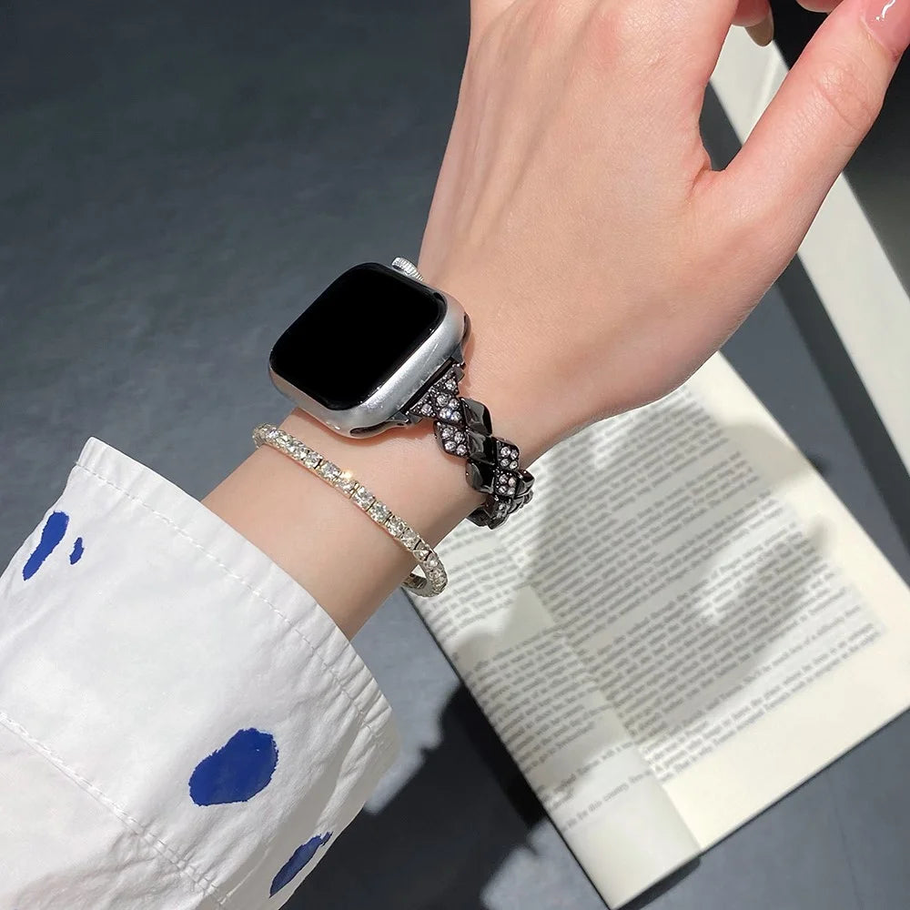Metal Strap for Apple Watch Series 11 10 42mm / 9 8 7 41mm / SE3 SE2 SE 6 5 4 40mm / 3 2 1 38mm Rhinestone Decor Rhombus Watch Band - Black - 5