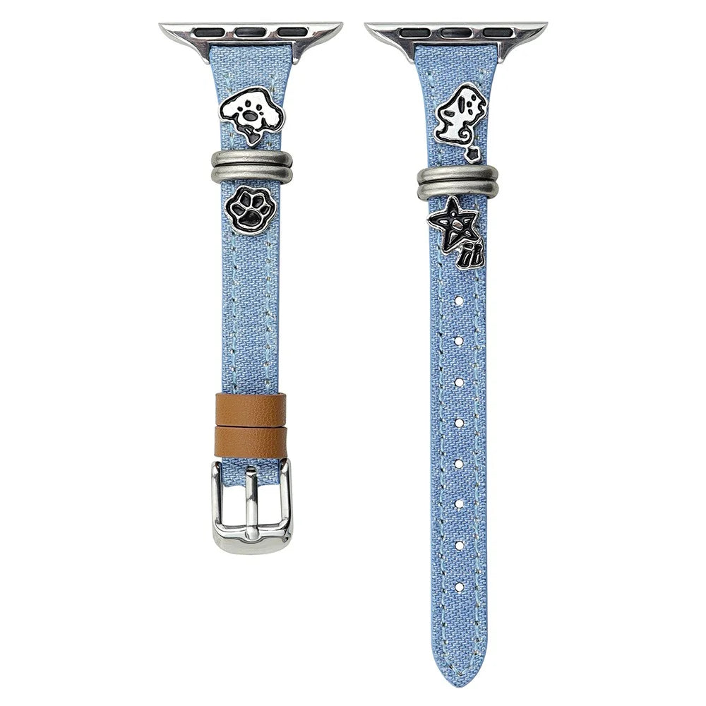 Watch Band for Apple Watch Series 11 10 42mm / 9 8 7 41mm / SE3 SE2 SE 6 5 4 40mm / 3 2 1 38mm Puppy Decor Denim Strap - Blue - 1