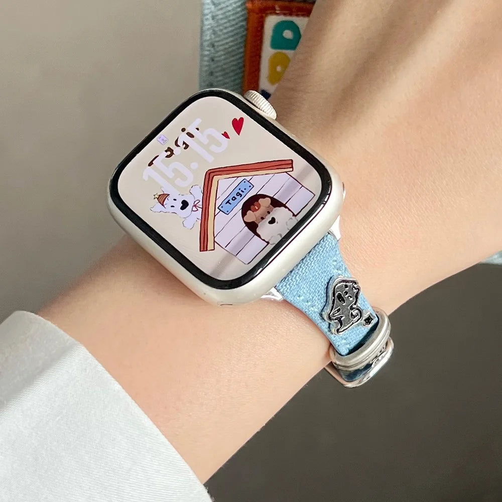 Watch Band for Apple Watch Series 11 10 42mm / 9 8 7 41mm / SE3 SE2 SE 6 5 4 40mm / 3 2 1 38mm Puppy Decor Denim Strap - Blue - 2