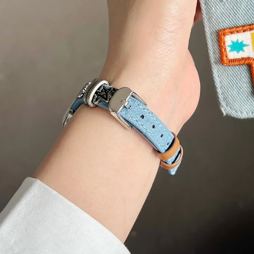 Watch Band for Apple Watch Series 11 10 42mm / 9 8 7 41mm / SE3 SE2 SE 6 5 4 40mm / 3 2 1 38mm Puppy Decor Denim Strap - Blue - 4