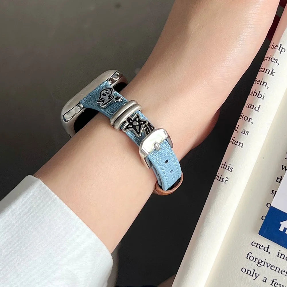 Watch Band for Apple Watch Ultra 3 2 1 49mm / Series 11 10 46mm / 9 8 7 45mm / SE3 SE2 SE 6 5 4 44mm / 3 2 1 42mm 42mm Puppy Decor Denim Strap - Blue - 3