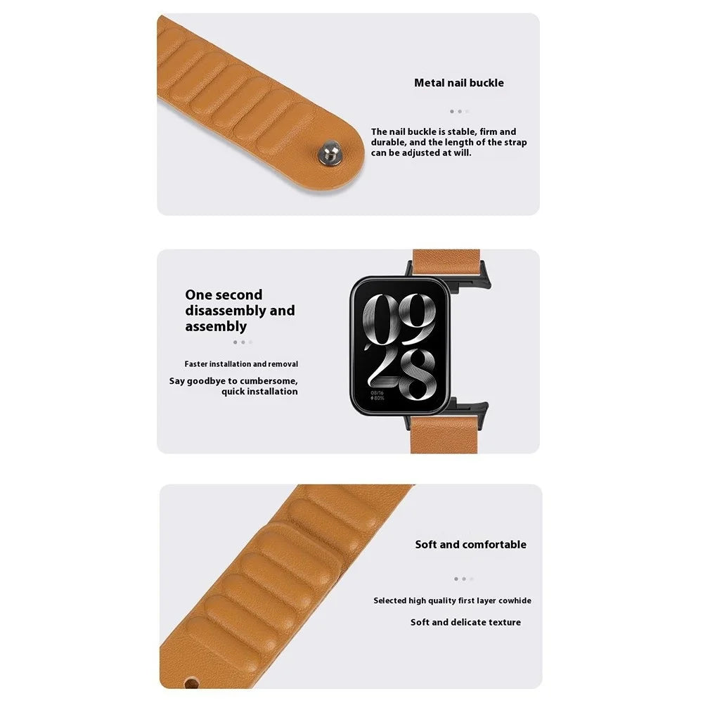 For Xiaomi Smart Band 10 Pro / 9 Pro / 8 Pro / Redmi Watch 6 / 5 / 4 Watch Strap Magnetic Genuine Cow Leather Pin Buckle Wrist Band - Black  /  Pink - 2