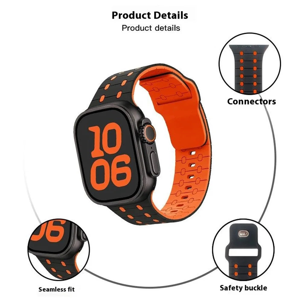 Silicone Band for Apple Watch Series 11 10 42mm / 9 8 7 41mm / SE3 SE2 SE 6 5 4 40mm / 3 2 1 38mm Stylish Adjustable Watch Strap - Black / Orange - 3
