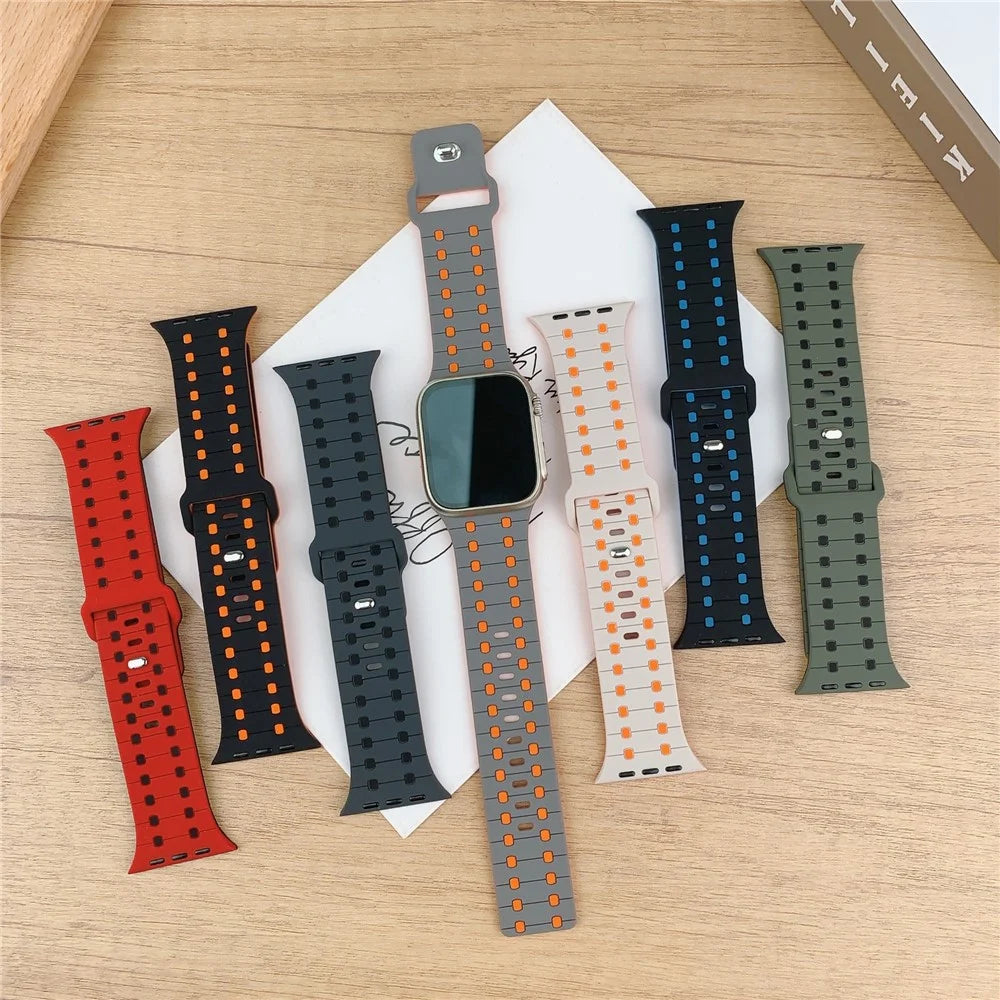 Silicone Band for Apple Watch Ultra 3 2 1 49mm / Series 11 10 46mm / 9 8 7 45mm / SE3 SE2 SE 6 5 4 44mm / 3 2 1 42mm Stylish Adjustable Watch Strap - Black / Orange - 4