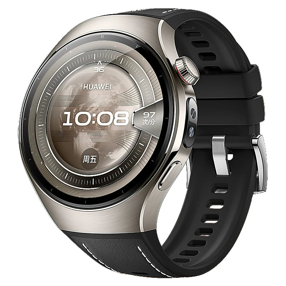 For Huawei Watch 5 46mm Watch Band Genuine Cow Leather Silicone Wrist Strap - Black - 2