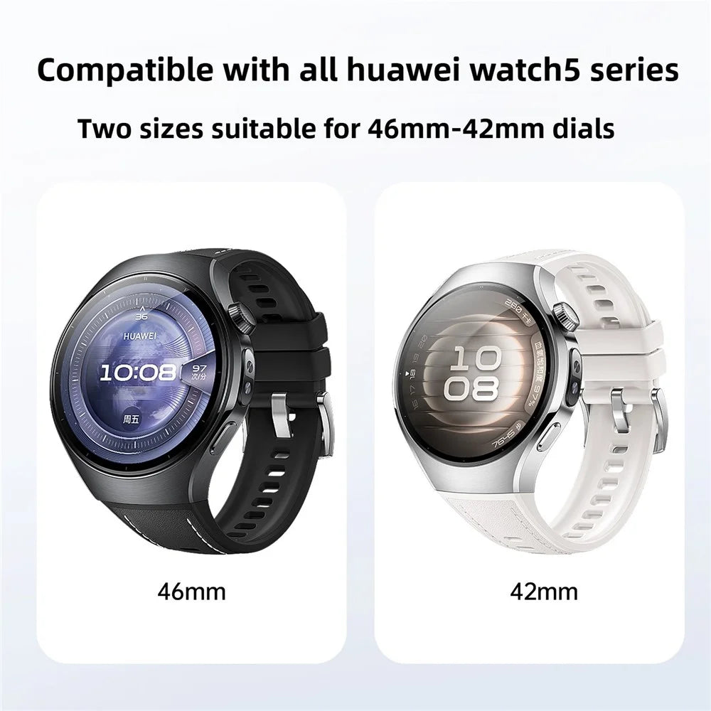 For Huawei Watch 5 46mm Watch Band Genuine Cow Leather Silicone Wrist Strap - Black - 4