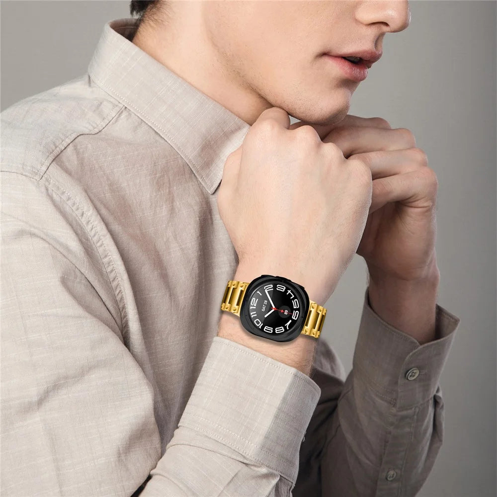 Watch Band For Samsung Galaxy Watch8 44mm / 40mm / Watch8 Classic 46mm Turtleback Clasp Electroplated Stainless Steel Strap - Gold - 3