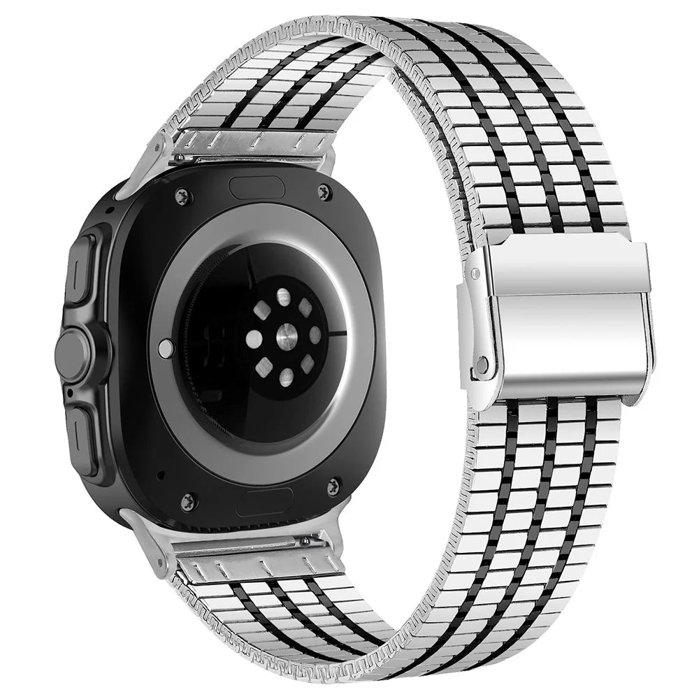 Watch Band for Samsung Galaxy Watch8 44mm / 40mm / Watch8 Classic 46mm 7-Beads Electroplated Stainless Steel Strap - Silver + Black - 1
