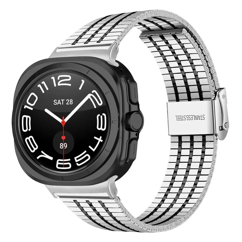 Watch Band for Samsung Galaxy Watch8 44mm / 40mm / Watch8 Classic 46mm 7-Beads Electroplated Stainless Steel Strap - Silver + Black - 2