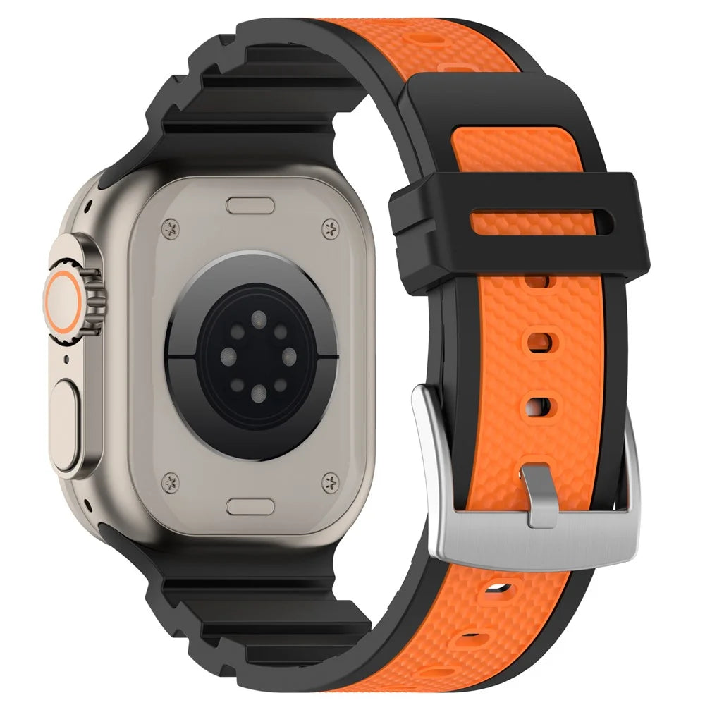 Watch Strap for Apple Watch Ultra 3 2 1 49mm / Series 11 10 46mm / 9 8 7 45mm / SE3 SE2 SE 6 5 4 44mm / 3 2 1 42mm  Textured Dual Color Silicone Band - Black / Orange - 1