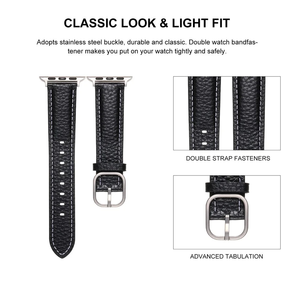 Watch Band for Apple Watch Series 11 10 42mm / 9 8 7 41mm / SE3 SE2 SE 6 5 4 40mm / 3 2 1 38mm Litchi Texture Genuine Cow Leather Strap - White / Pink - 4