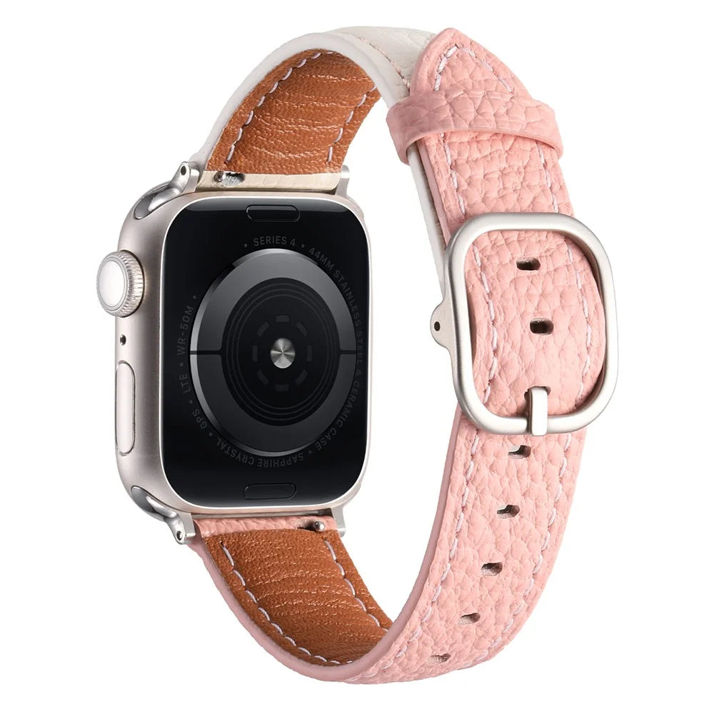Watch Band for Apple Watch Ultra 3 2 1 49mm / Series 11 10 46mm / 9 8 7 45mm / SE3 SE2 SE 6 5 4 44mm / 3 2 1 42mm Litchi Texture Genuine Cow Leather Strap - White / Pink - 1