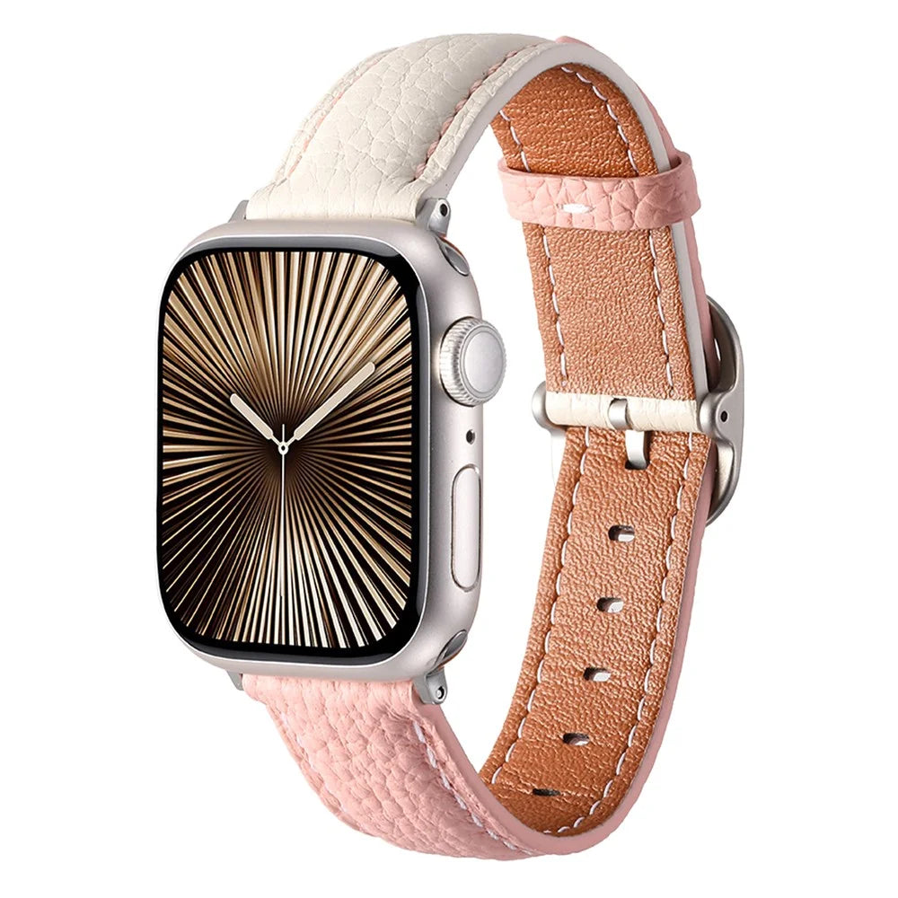 Watch Band for Apple Watch Ultra 3 2 1 49mm / Series 11 10 46mm / 9 8 7 45mm / SE3 SE2 SE 6 5 4 44mm / 3 2 1 42mm Litchi Texture Genuine Cow Leather Strap - White / Pink - 2