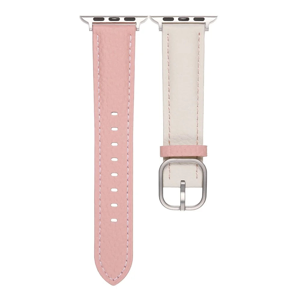 Watch Band for Apple Watch Ultra 3 2 1 49mm / Series 11 10 46mm / 9 8 7 45mm / SE3 SE2 SE 6 5 4 44mm / 3 2 1 42mm Litchi Texture Genuine Cow Leather Strap - White / Pink - 3