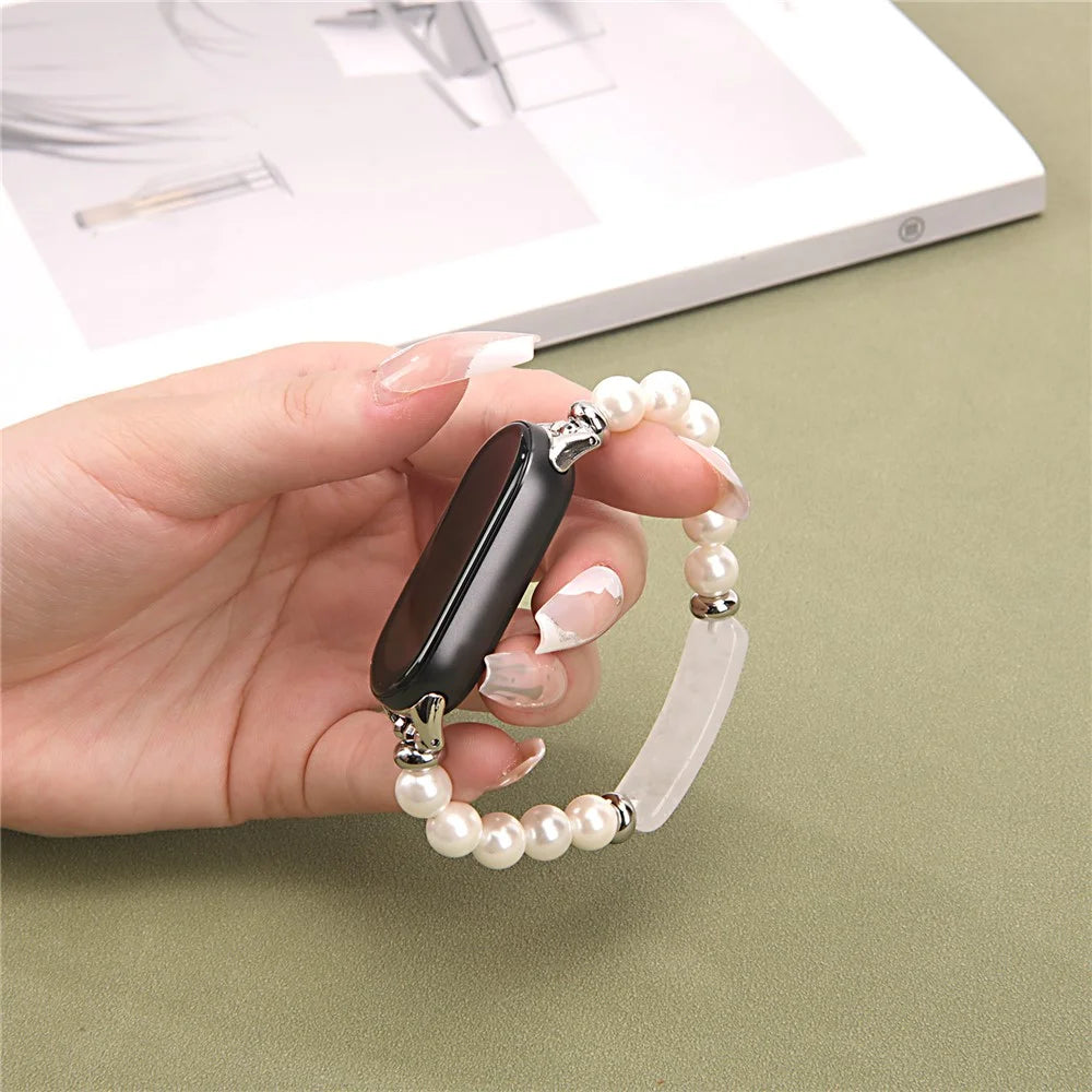 For Xiaomi Smart Band 9 / 8 Watch Strap Stylish Beaded Bracelet Wrist Band - Pearl White - 4
