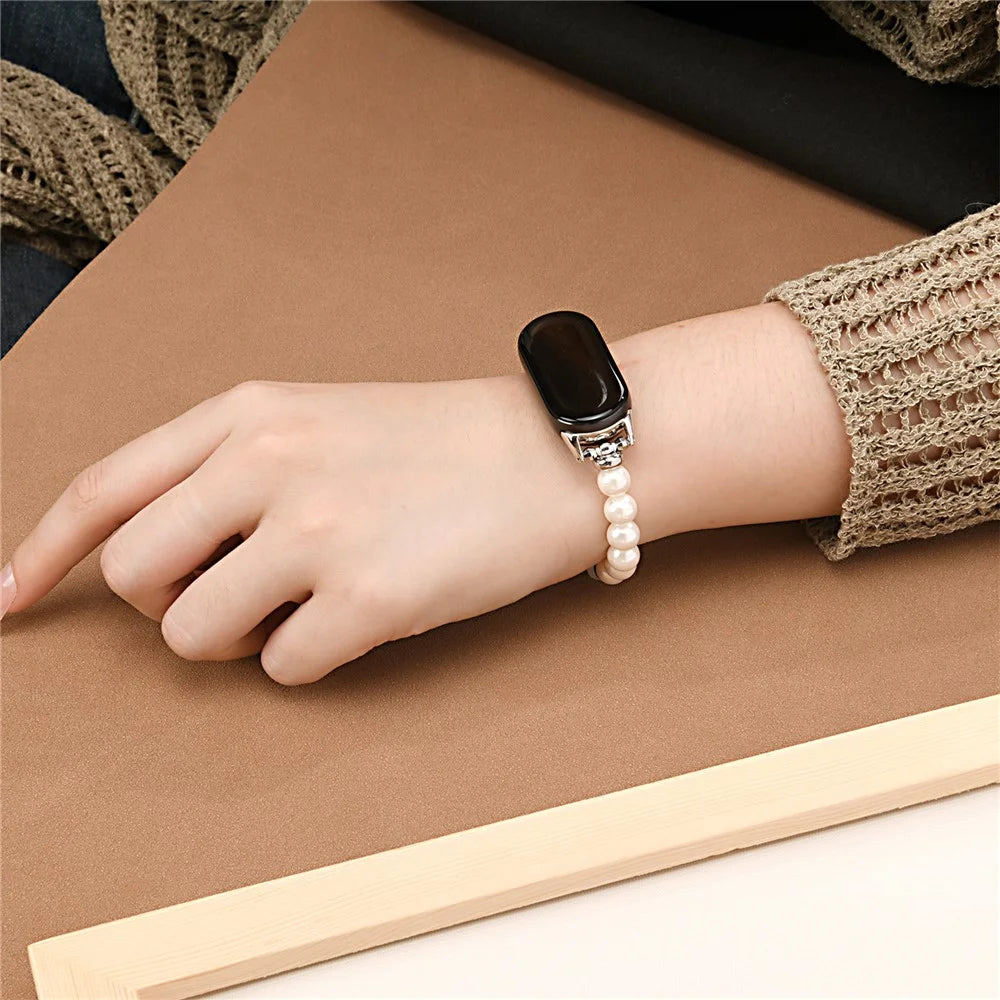 For Xiaomi Smart Band 9 / 8 Watch Strap Stylish Beaded Bracelet Wrist Band - Pearl White - 5