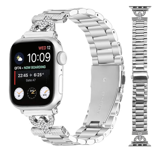 Watch Strap for Apple Watch Series 11 10 42mm / 9 8 7 41mm / SE3 SE2 SE 6 5 4 40mm / 3 2 1 38mm D-Shape Rhinestones Decor 3-Bead Silver Metal Band - 1