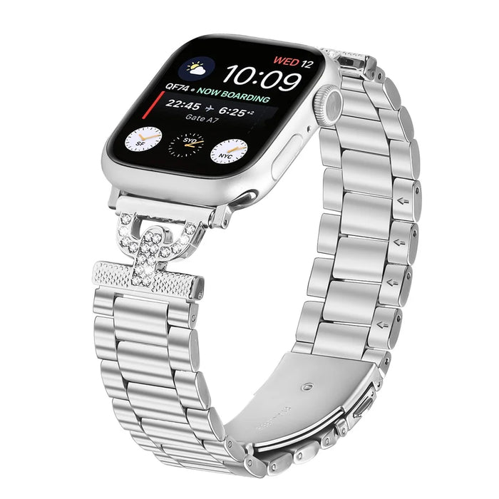 Watch Strap for Apple Watch Series 11 10 42mm / 9 8 7 41mm / SE3 SE2 SE 6 5 4 40mm / 3 2 1 38mm D-Shape Rhinestones Decor 3-Bead Silver Metal Band - 2