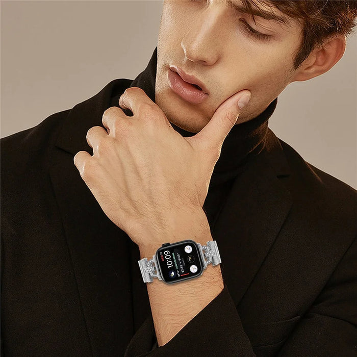 Watch Strap for Apple Watch Series 11 10 42mm / 9 8 7 41mm / SE3 SE2 SE 6 5 4 40mm / 3 2 1 38mm D-Shape Rhinestones Decor 3-Bead Silver Metal Band - 5