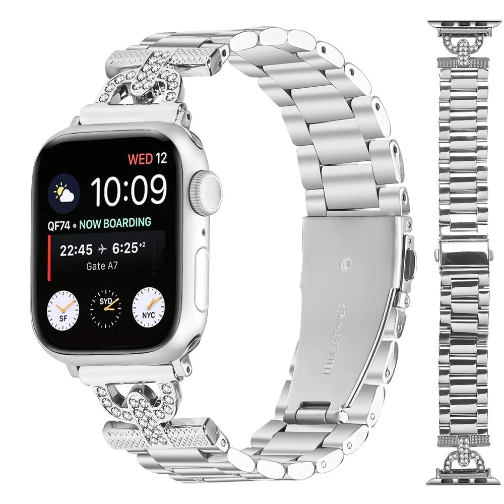Watch Strap for Apple Watch Ultra 3 2 1 49mm / Series 11 10 46mm / 9 8 7 45mm / SE3 SE2 SE 6 5 4 44mm / 3 2 1 42mm D-Shape Rhinestones Decor 3-Bead Silver Metal Band - 1