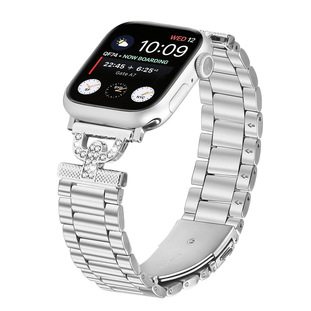 Watch Strap for Apple Watch Ultra 3 2 1 49mm / Series 11 10 46mm / 9 8 7 45mm / SE3 SE2 SE 6 5 4 44mm / 3 2 1 42mm D-Shape Rhinestones Decor 3-Bead Silver Metal Band - 2