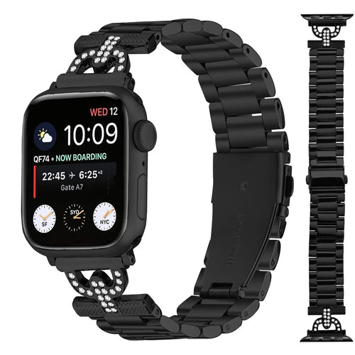 Colored Watch Strap for Apple Watch Series 11 10 42mm / 9 8 7 41mm / SE3 SE2 SE 6 5 4 40mm / 3 2 1 38mm Metal Band D-Shape Rhinestones Decor 3-Bead - Black - 1
