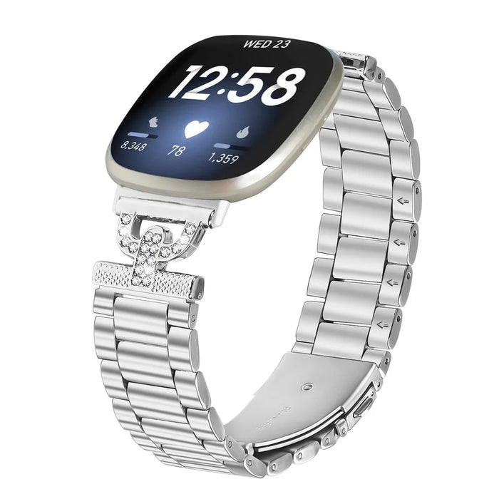 Watch Strap for Fitbit Versa 4 / Sense 2 Silver Metal Band D-Shape Rhinestones Decor 3-Bead - 2