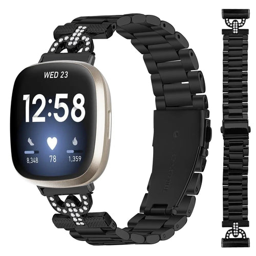 Colored Watch Strap for Fitbit Versa 4 / Sense 2 Metal Band D-Shape Rhinestones Decor 3-Bead - Black - 1