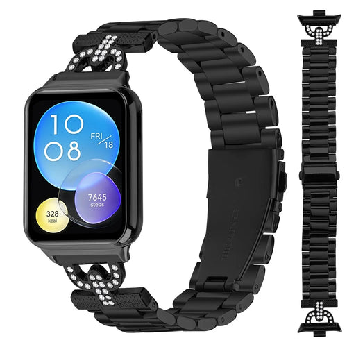 Colored Watch Strap for Xiaomi Smart Band 10 Pro / 9 Pro / 8 Pro / Redmi Watch 6 / 5 / 4 D-Shape Rhinestones Decor 3-Bead Metal Band - Black - 1