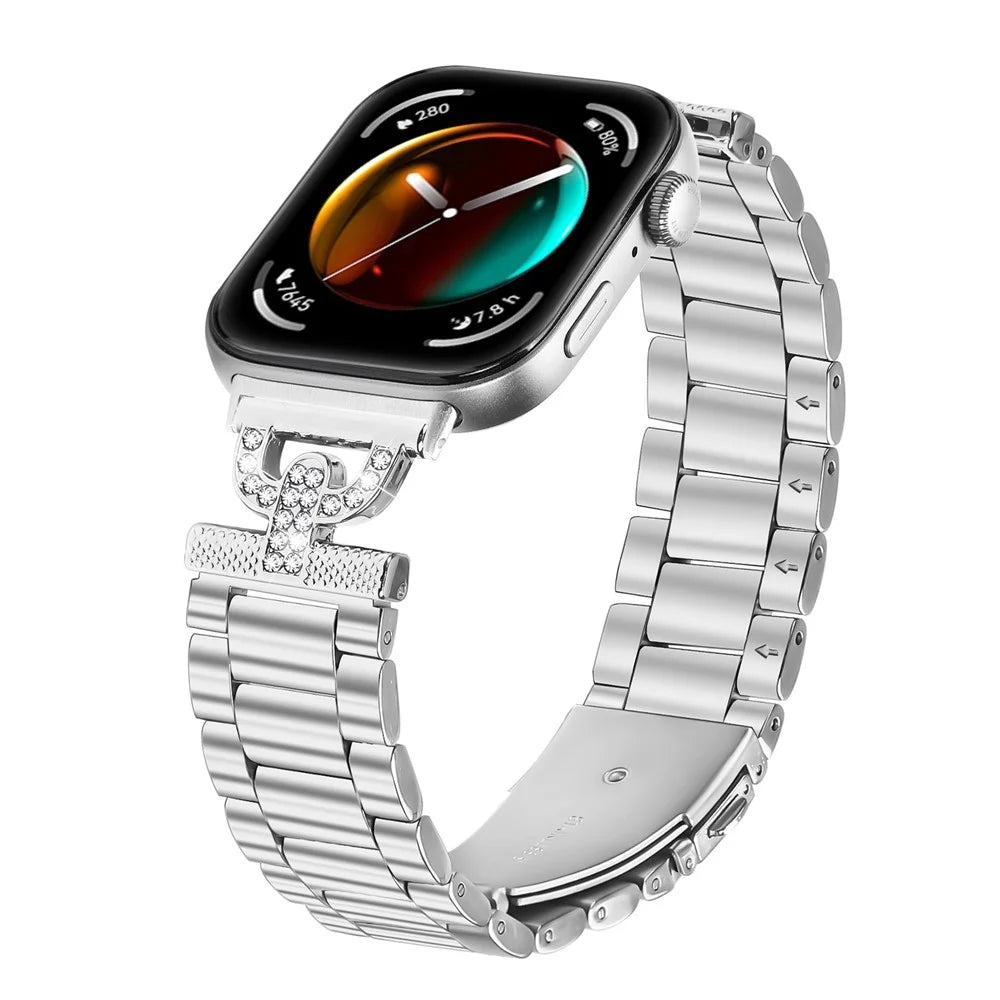 Watch Strap for Huawei Watch Fit 3 Silver Metal Band D-Shape Rhinestones Decor 3-Bead - 2