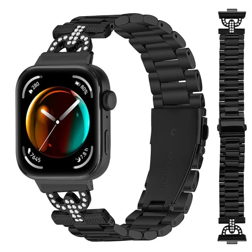 Colored Watch Strap for Huawei Watch Fit 3 D-Shape Rhinestones Decor 3-Bead Metal Band - Black - 1