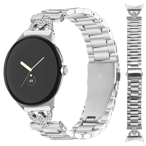 Watch Strap for Google Pixel Watch 4 41mm / Watch 3 41mm / Watch 2 / Watch Silver Metal Band D-Shape Rhinestones Decor 3-Bead - 1