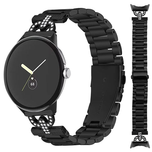 Colored Watch Strap for Google Pixel Watch 4 41mm / Watch 3 41mm / Watch 2 / Watch D-Shape Rhinestones Decor 3-Bead Metal Band - Black - 1