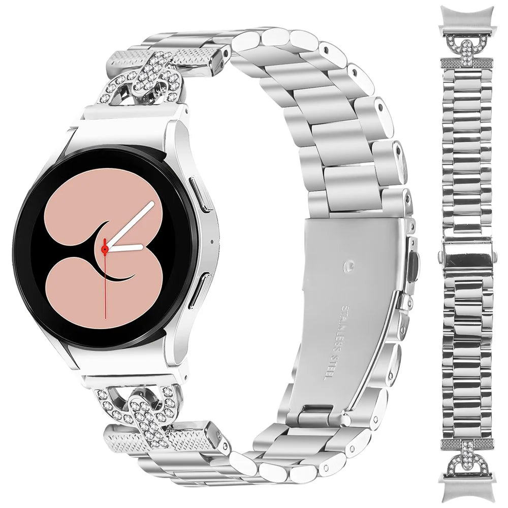 Watch Strap with Connector for Samsung Galaxy Watch6 40mm / 44mm / 6 Classic 43mm / 47mm Silver Metal Band D-Shape Rhinestones Decor - 1