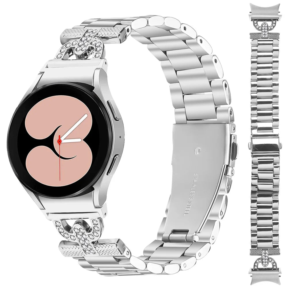 Watch Strap with Connector for Samsung Galaxy Watch7 44mm / 40mm Silver Metal Band D-Shape Rhinestones Decor - 1