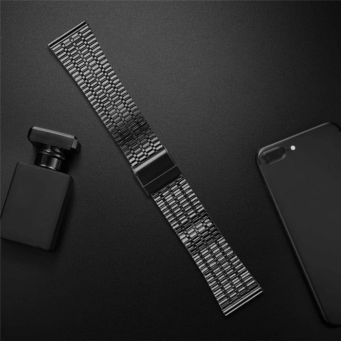 For Garmin Vivoactive 4 Metal Band 7-Beads Black Watch Strap with Double Safety Clasp - 6