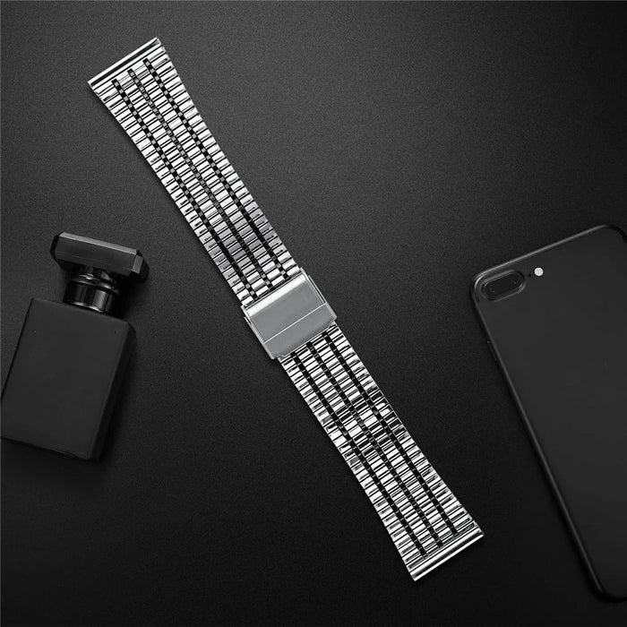 For Garmin Vivoactive 4 Watch Band 7-Beads Electroplated Stainless Steel Strap - Black  /  Silver - 6