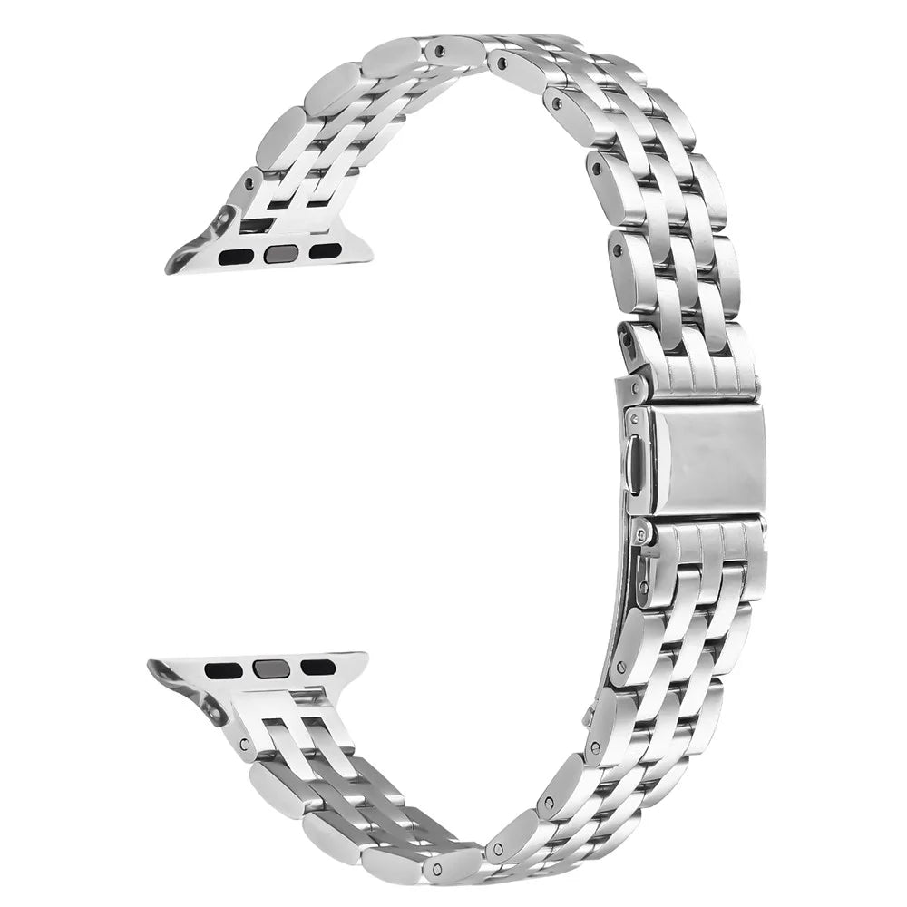 Watch Band For Apple Watch Series 11 10 42mm / 9 8 7 41mm / SE3 SE2 SE 6 5 4 40mm / 3 2 1 38mm Slim Five-Bead Stainless Steel Silver Strap - 1